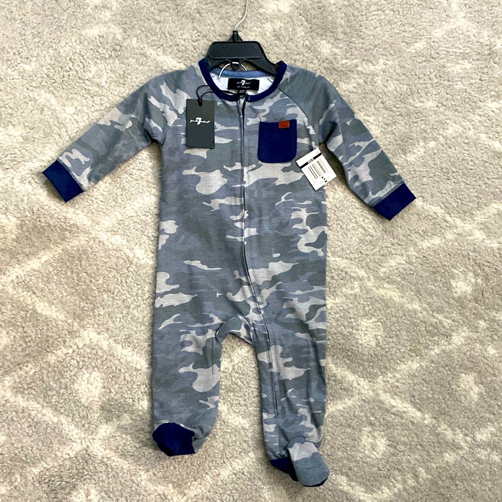 NWT - Baby Camo Footie Pajamas w/Matching Cap and Navy Blue Trim